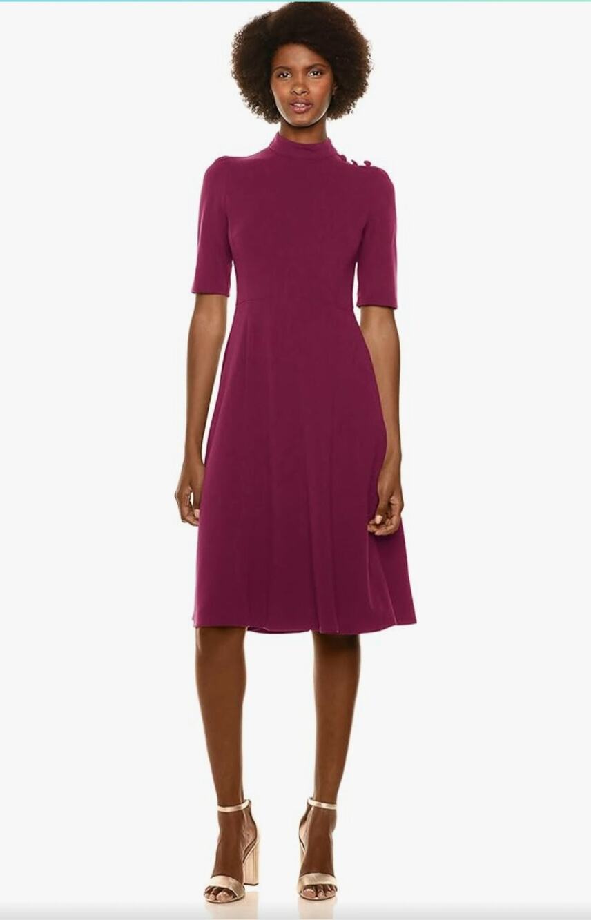 Donna Morgan Purple Mulberry High Neck Short Sleeved Flare Dress Sz 6 Clean Girl
